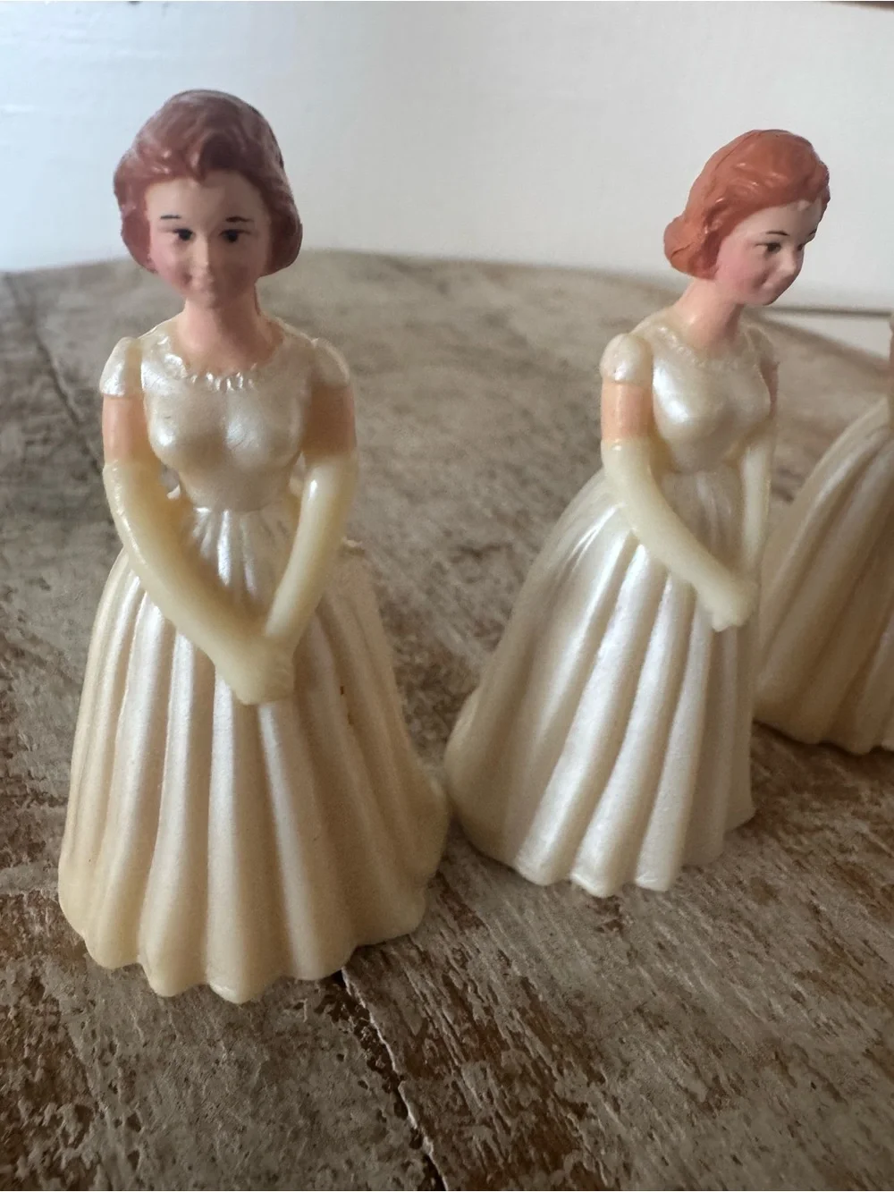 Vintage Plastic Lady Figurine Trio in Ivory with Pink Hair
